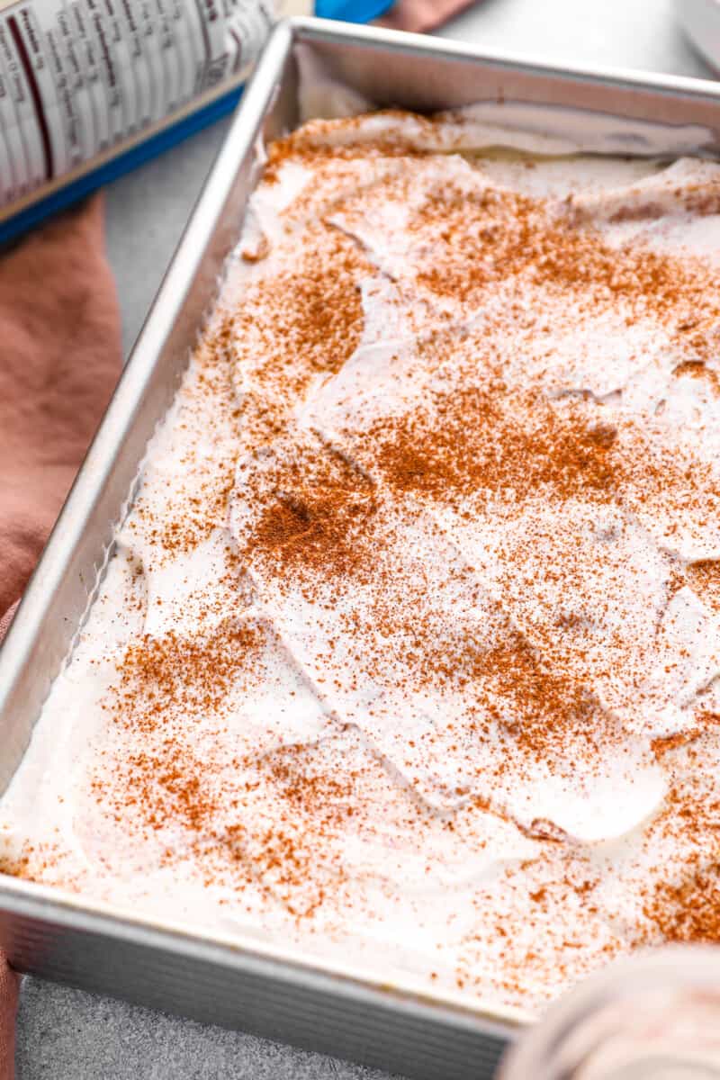 tres leches cake in a baking pan.