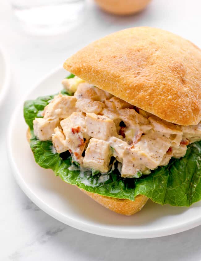 a bacon ranch chicken salad sandwich on a white plate.