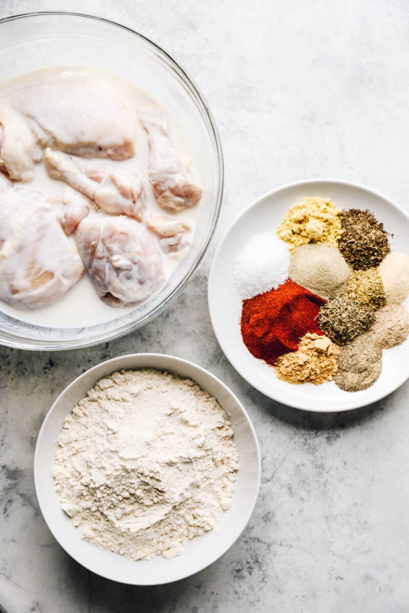 overhead view of ingredients for kentucky fried chicken.