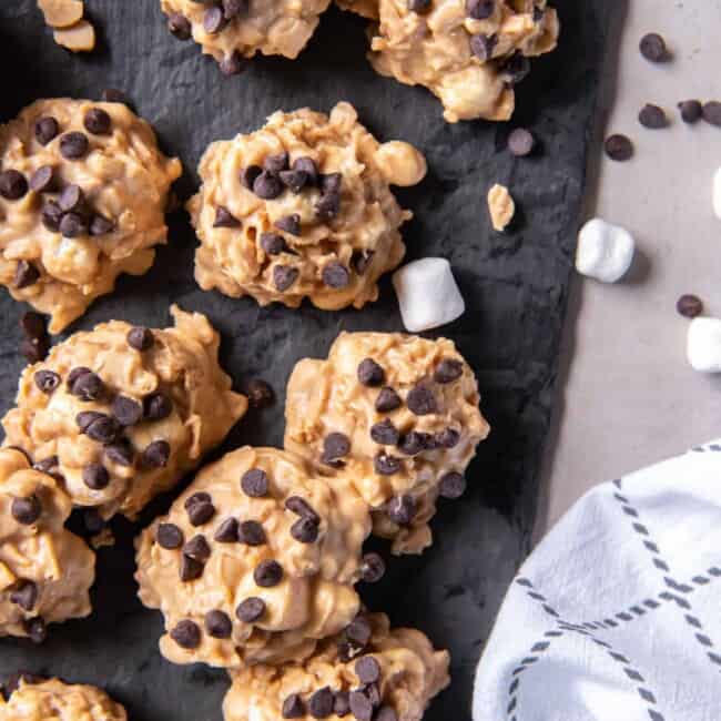 overhead view of a slate tray of avalanche cookies.