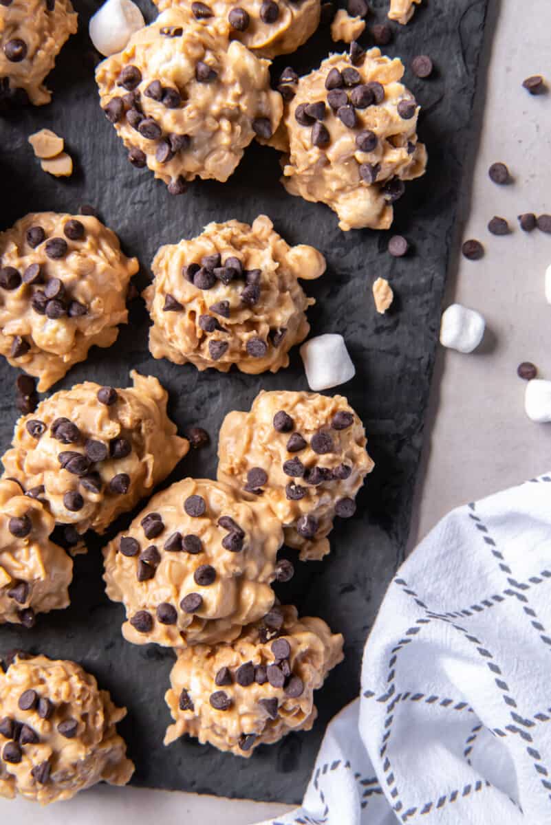 overhead view of a slate tray of avalanche cookies.