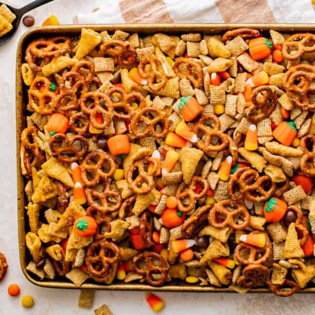 tray of halloween Chex mix