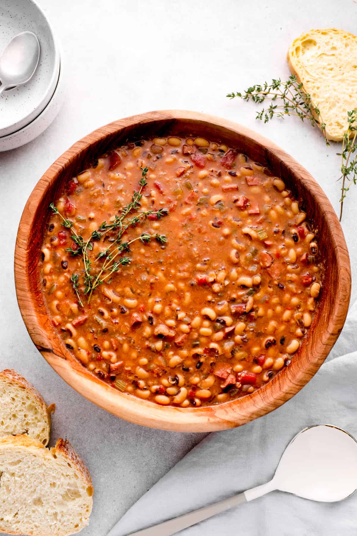 overhead view of crockpot black eyed peas in a large serving bowl.