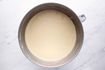 cheesecake mixture in a mixing bowl