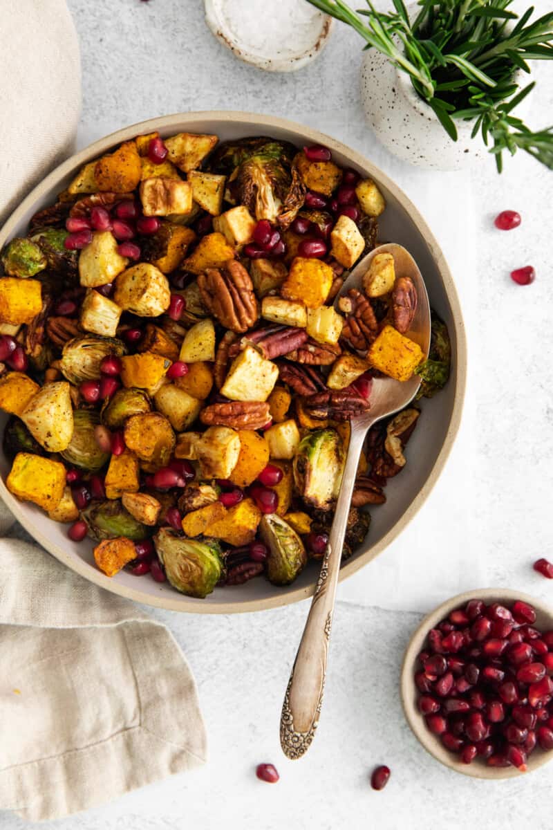 overhead view of a serving bowl full of thanksgiving veggies