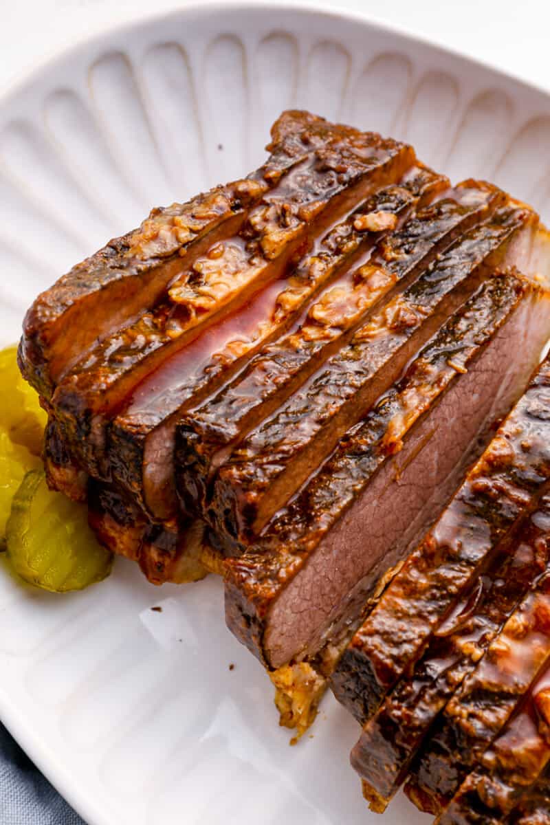 close up on slices of brisket