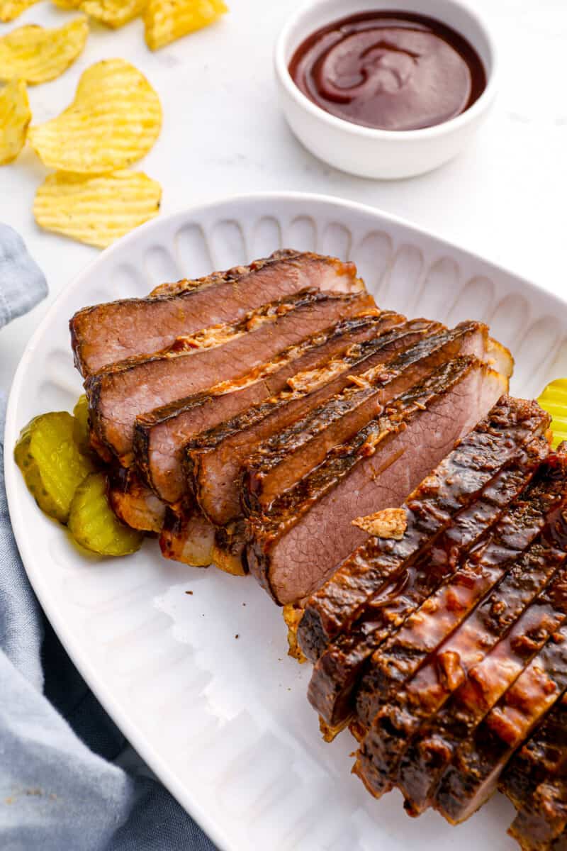 slow cooker brisket on a serving platter