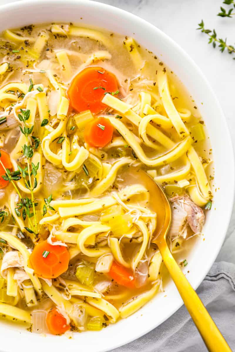 close up on a bowl of turkey noodle soup with carrots