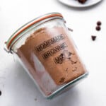 homemade brownie mix in a sealed jar with a label that reads homemade brownie mix.