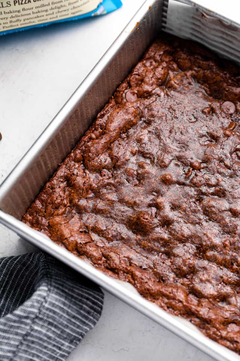 partial view of a tray of baked brownies.