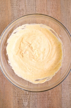 broccoli cheese casserole sauce in a glass bowl.