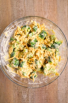 broccoli cheese casserole in a glass bowl.