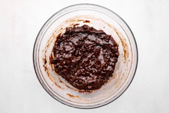 brownie batter in a glass bowl.