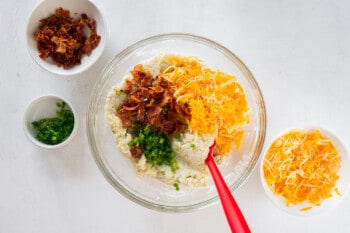 mashed potato mixture topped with bacon bits, cheese, and green onions