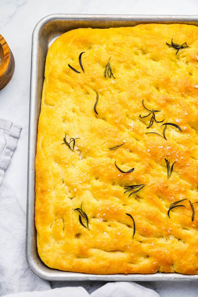 rosemary focaccia in a tray