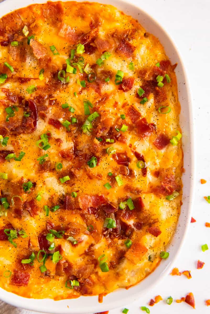 overhead view of loaded baked potato casserole