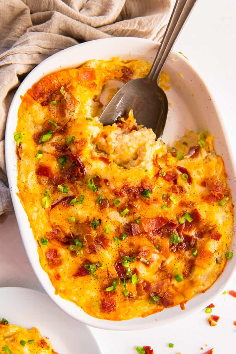 casserole dish filled with twice baked potato casserole