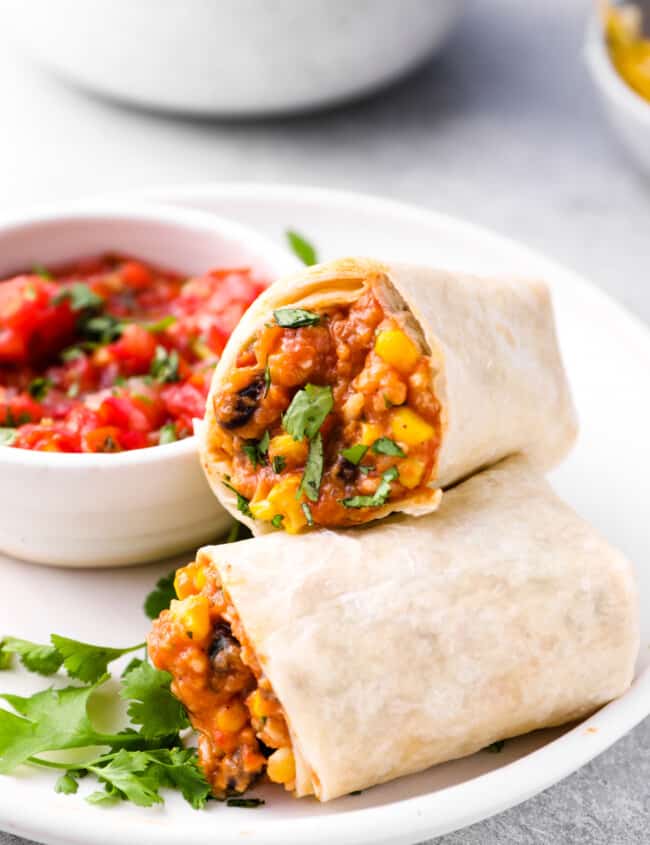 crockpot chicken burrito halves leaning against each other on a white plate with a bowl of salsa.