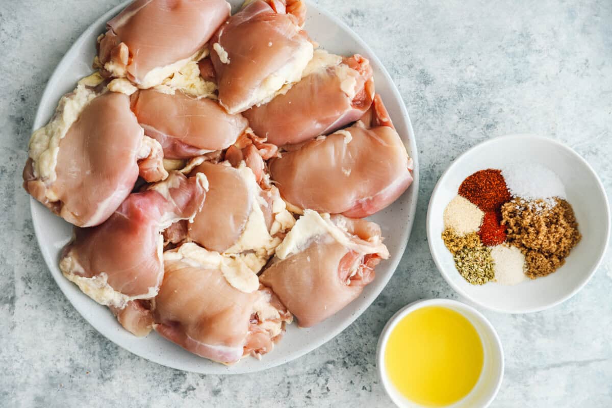 overhead view of ingredients for grilled chicken thighs.