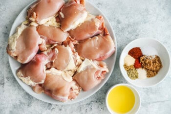 overhead view of ingredients for grilled chicken thighs.