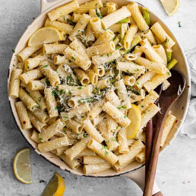 overhead view of a skillet full of lemon asparagus pasta