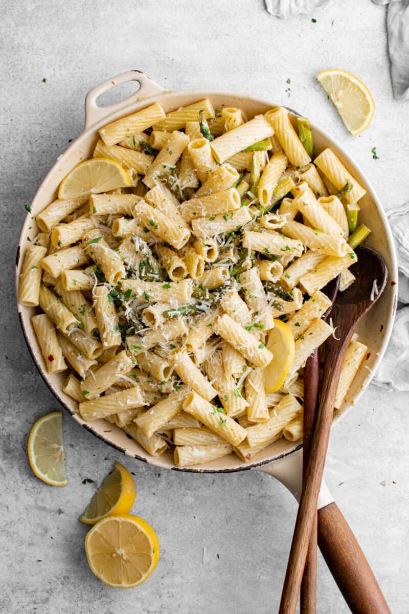 overhead view of a skillet full of lemon asparagus pasta