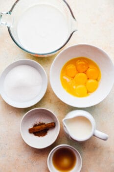 overhead view of ingredients for crockpot eggnog.