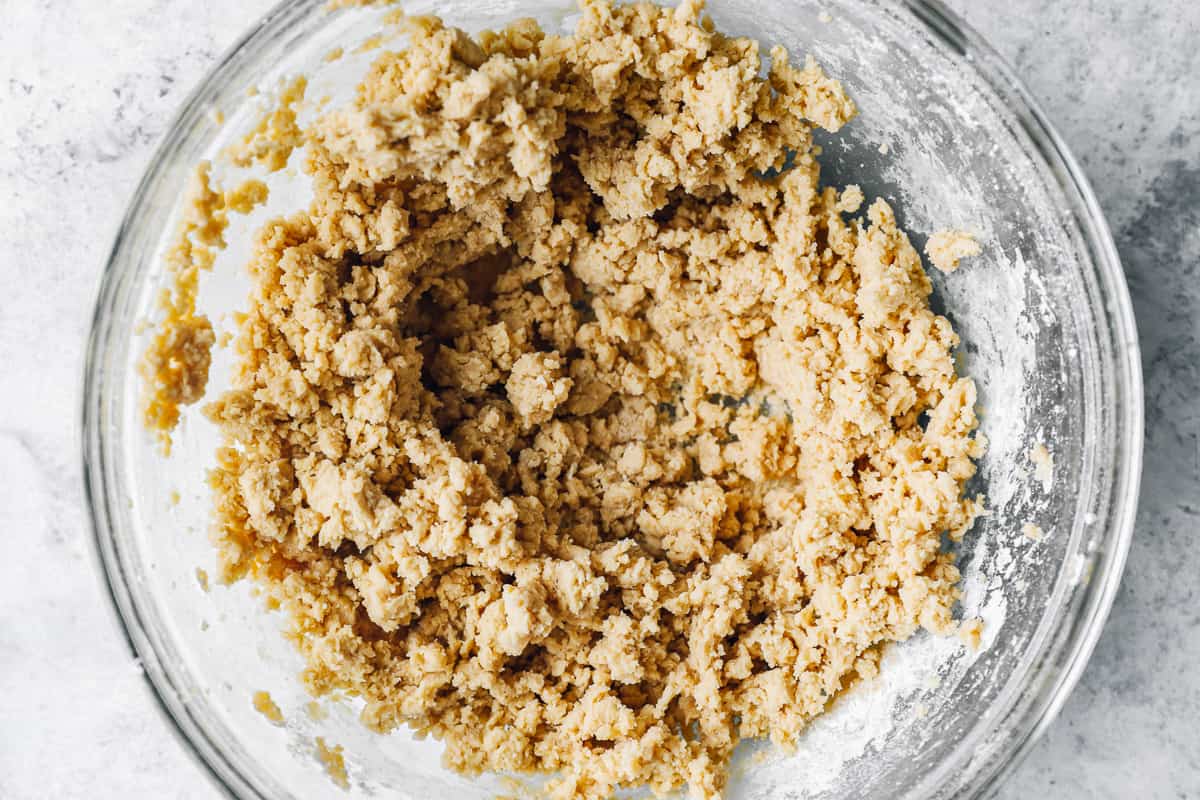 shortbread dough in a glass bowl.