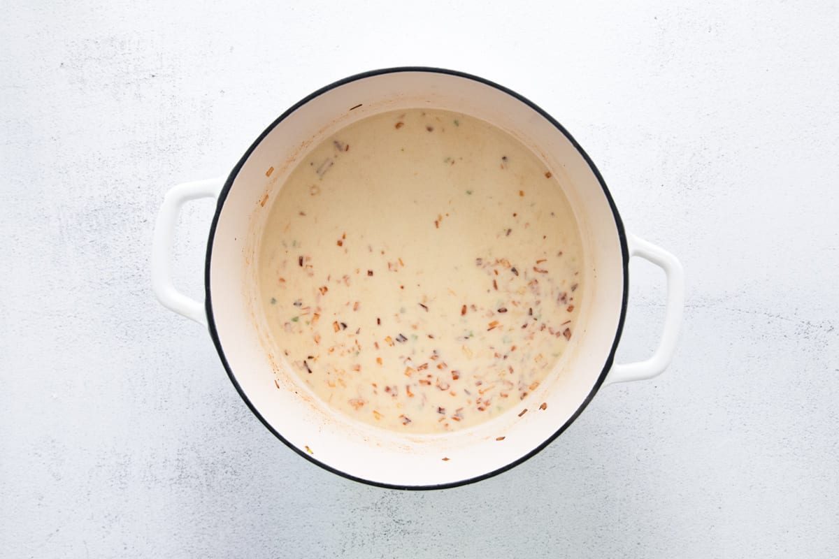 roux for beer cheese soup in a dutch oven.