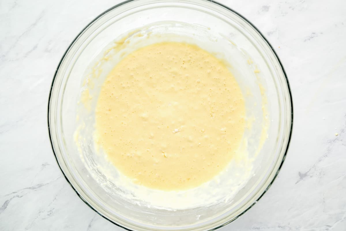 pancake batter in a glass bowl.