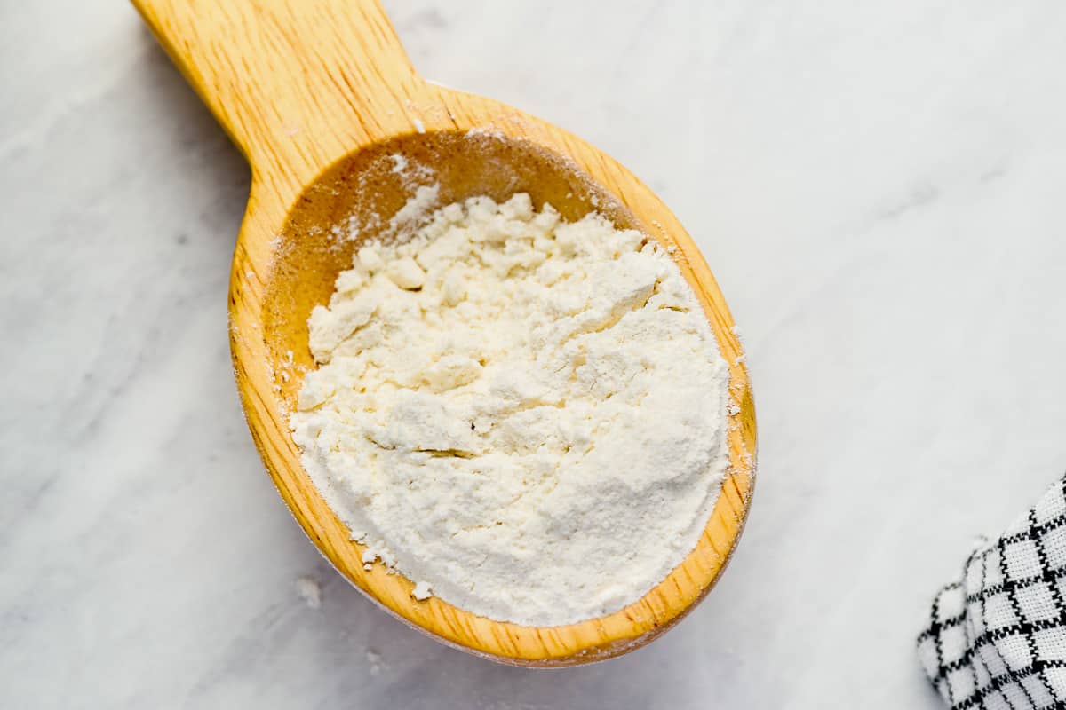 homemade pancake mix on a wooden spoon.