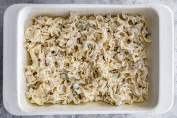 sour cream and noodle mixture in the bottom of a rectangular baking pan.