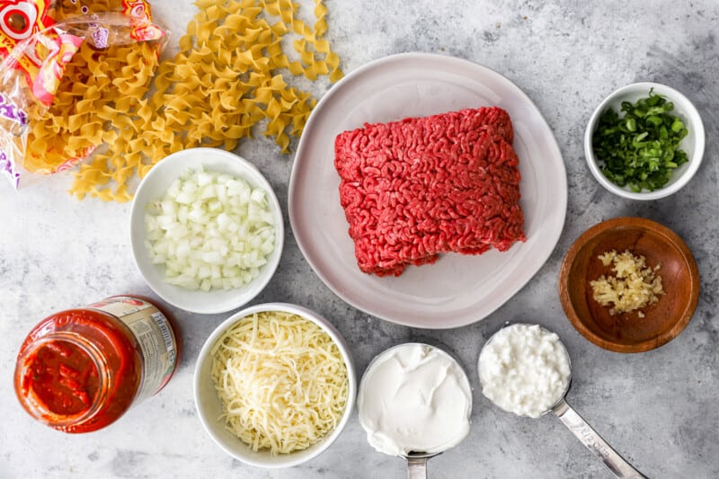 overhead view of ingredients for sour cream noodle casserole.