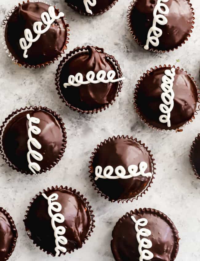 overhead view of hostess cupcakes on a marble counter.