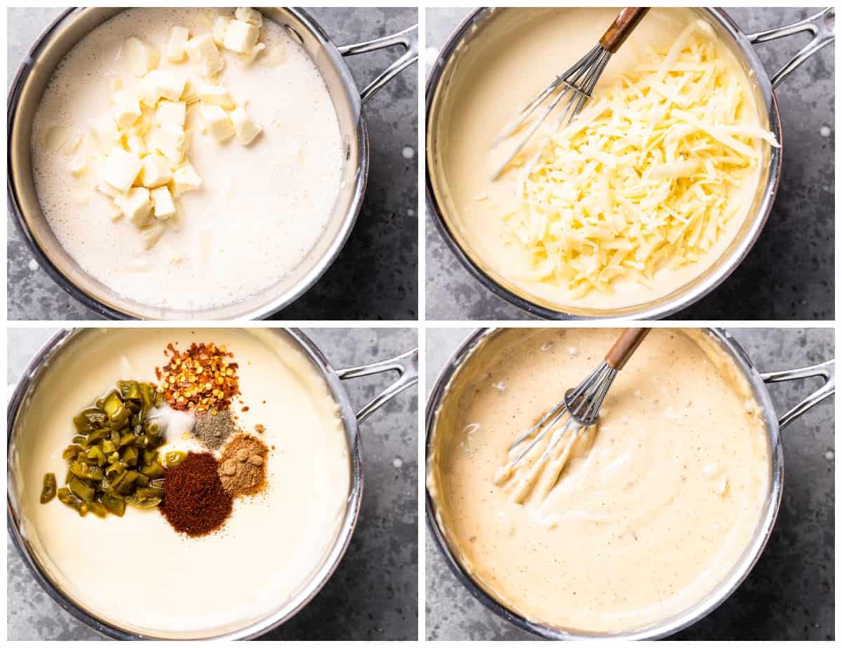 four stages of making cheesy cheesy cheesy cheesy cheesy sauce.