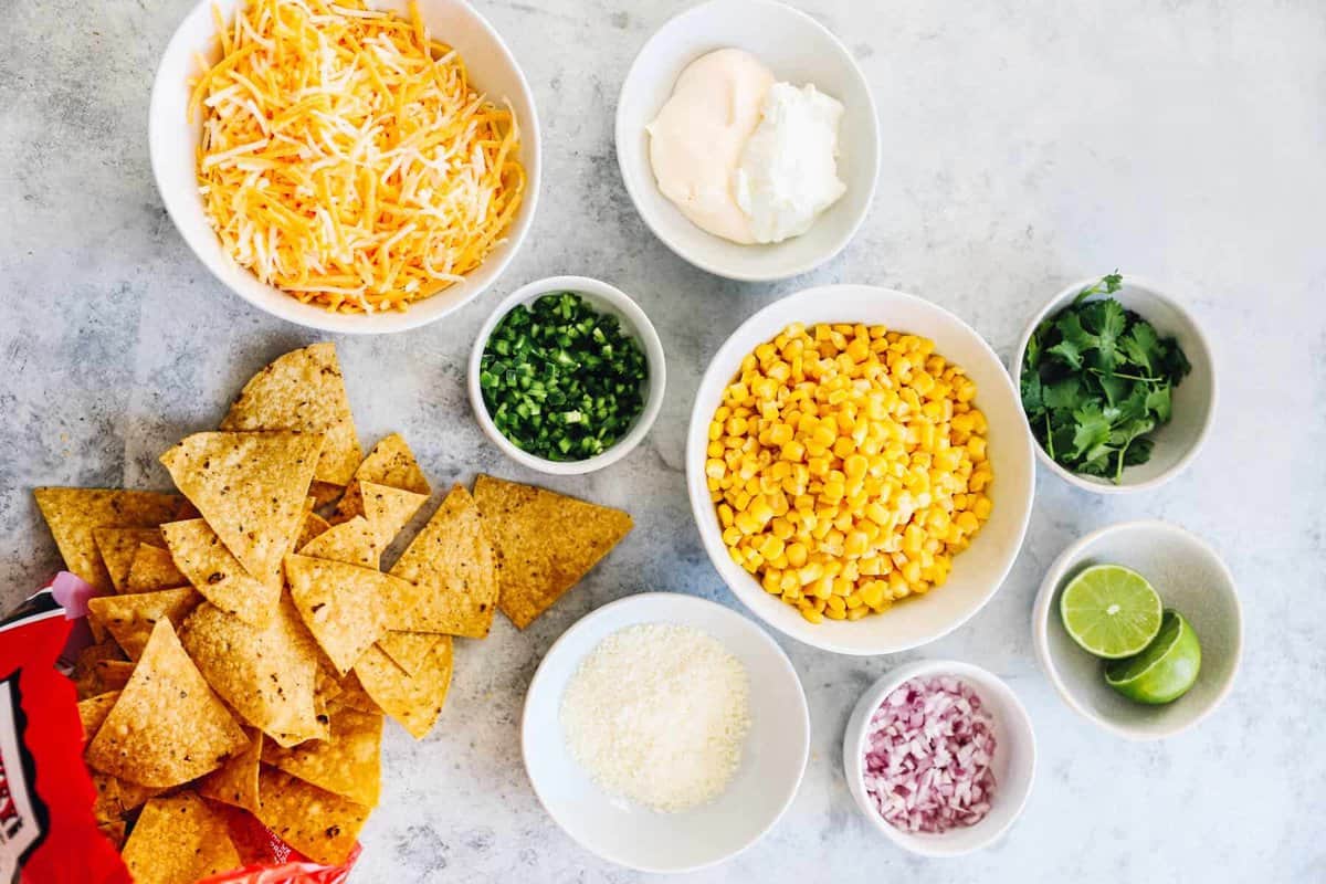 overhead view of ingredients for street corn nachos.