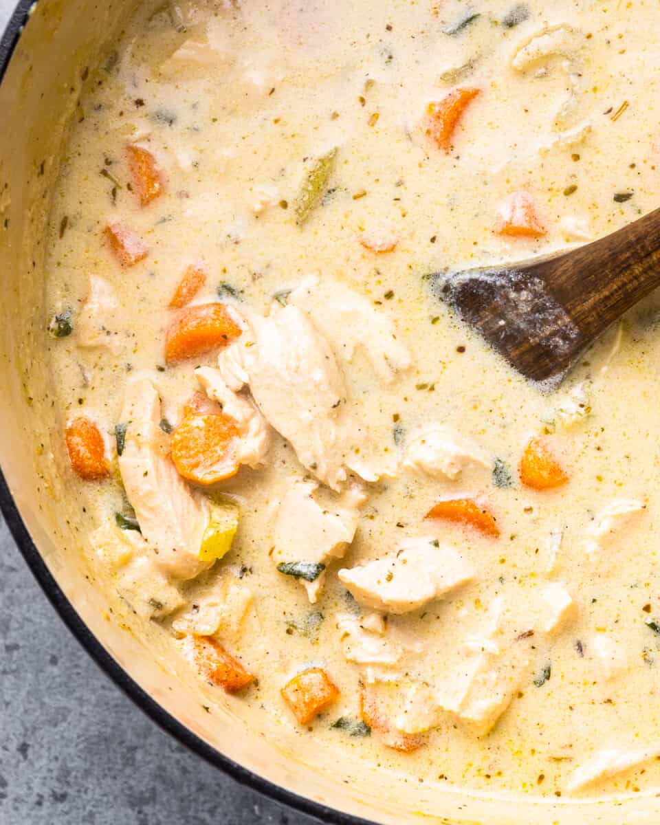 close up view into a pot of homemade chicken soup