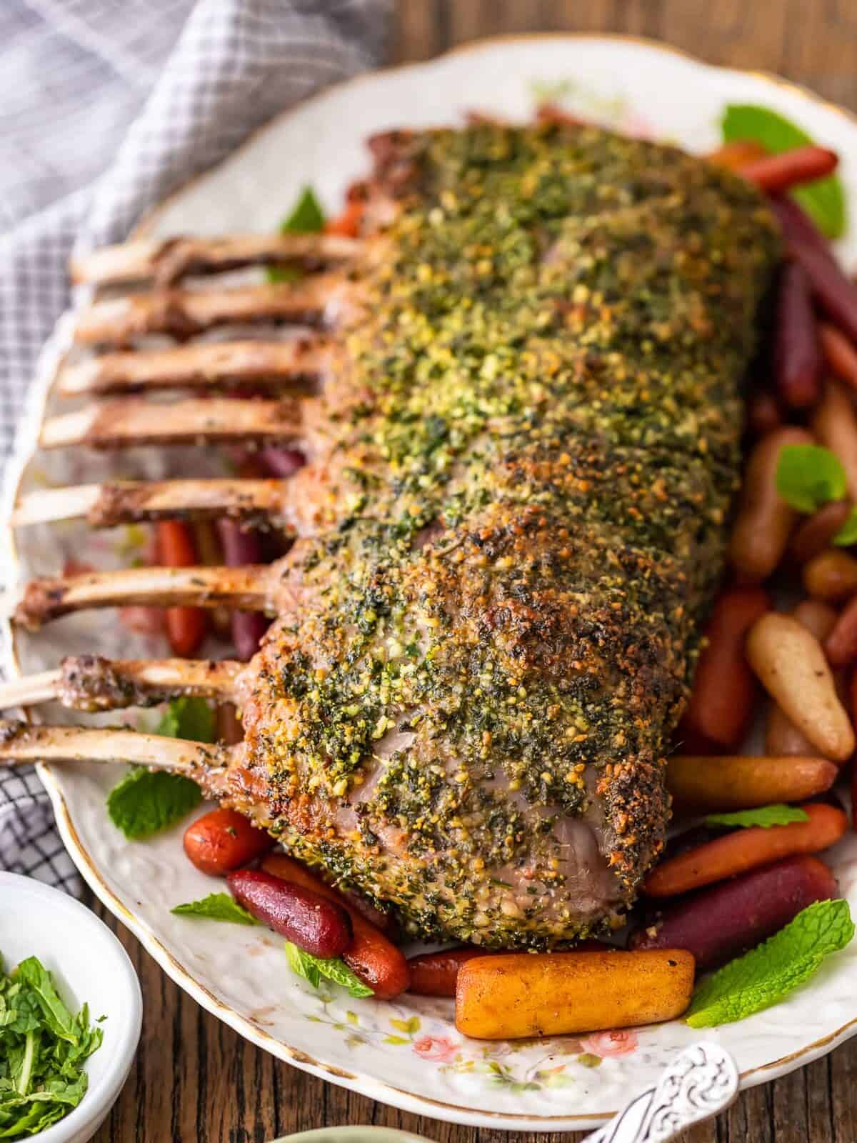 rack of lamb on a serving platter 