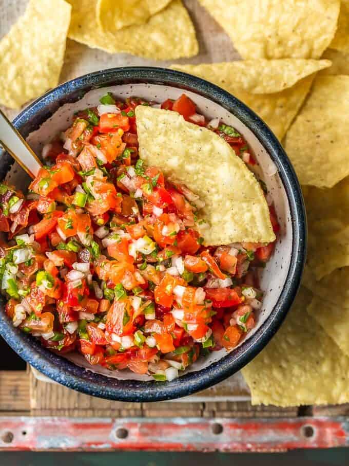 pico de gallo in a bowl with chips