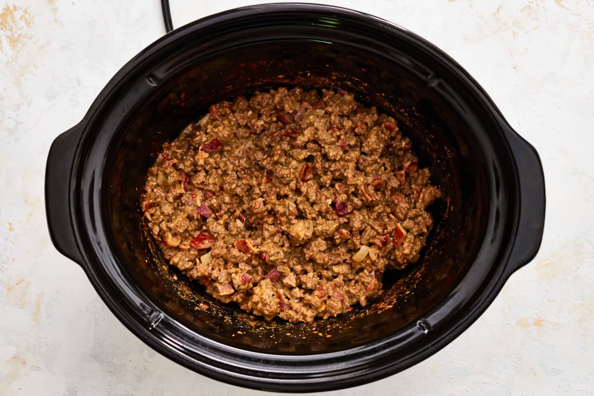 cheeseburger sloppy joe meat in a crockpot.