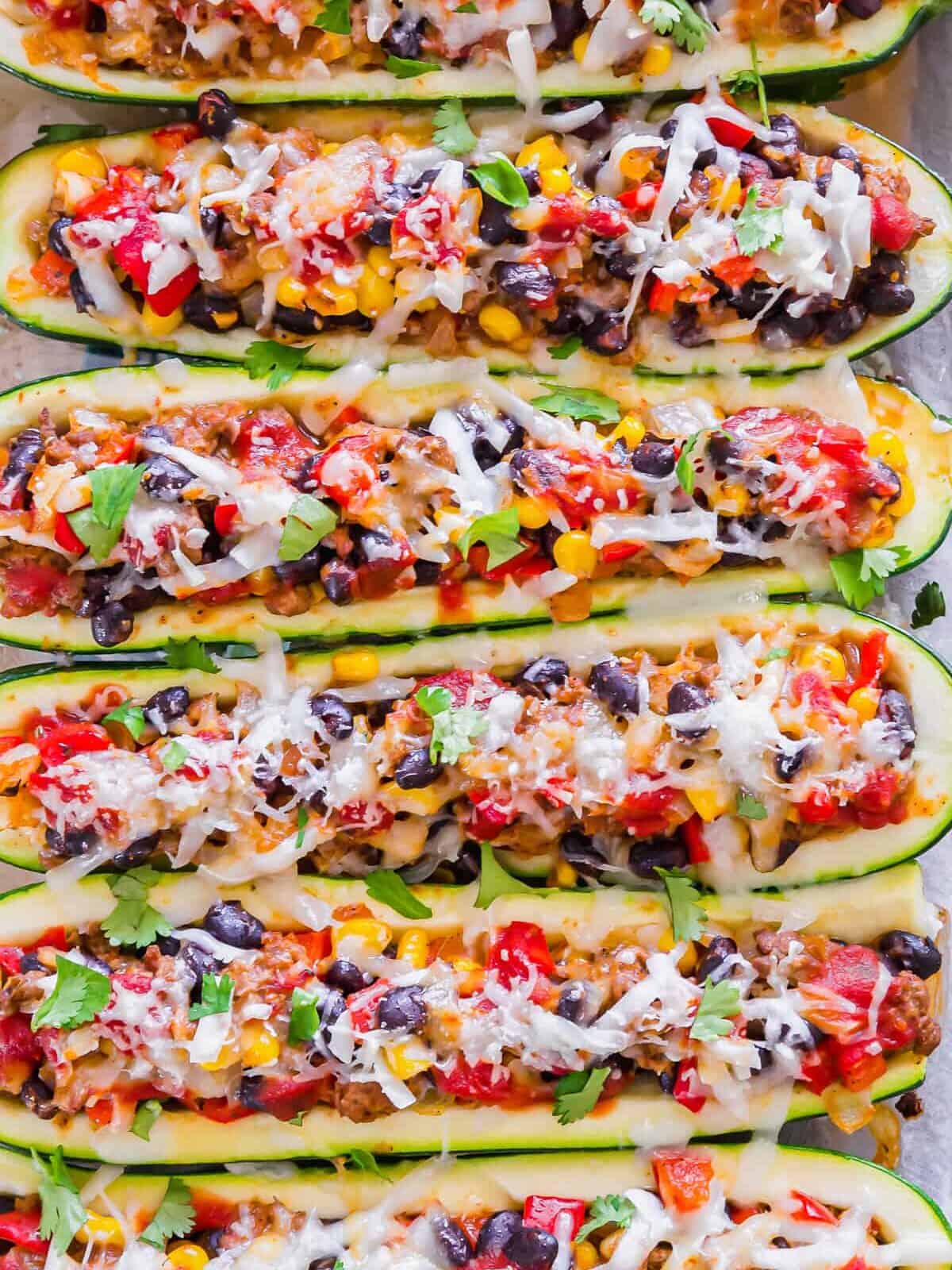 mexican stuffed zucchini boats in baking dish