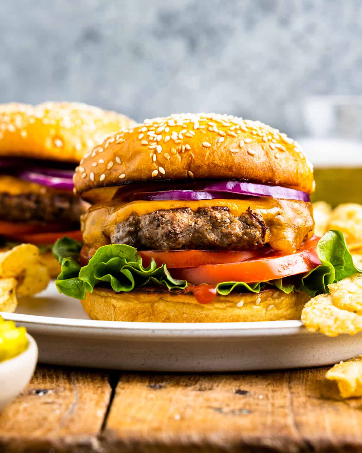 front view of a stovetop burger with lettuce, tomato, and onion on a plate