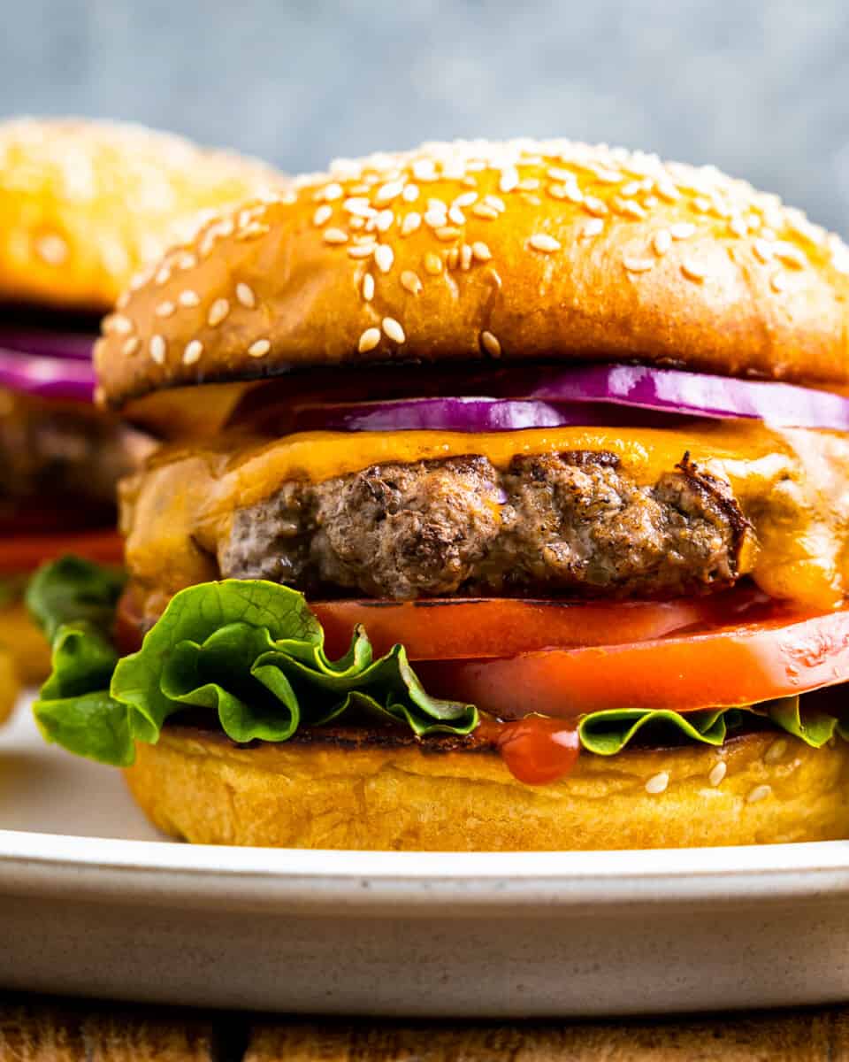 Close up on a cheeseburger with lettuce, tomato, and onions.