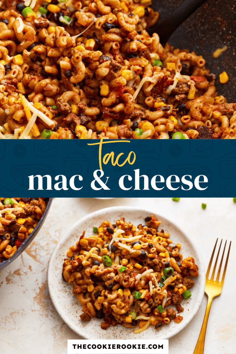 Taco mac and cheese served on a plate with a fork.