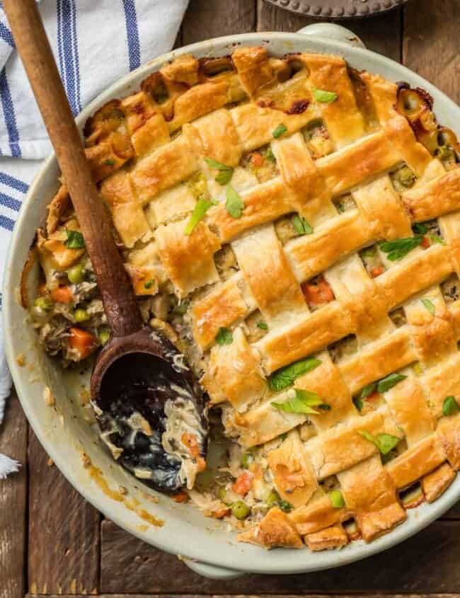 overhead picture of chicken pot pie casserole in light green baking dish