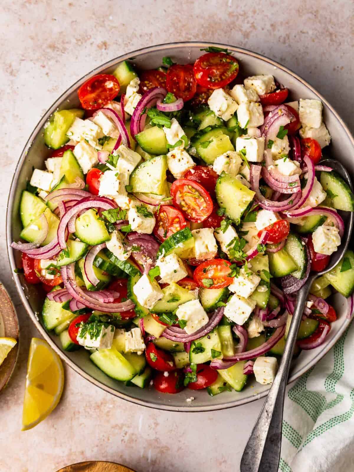 cucumber, tomato, onion, and feta salad