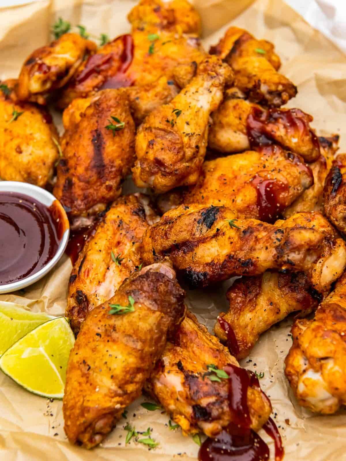 grilled chicken wings with dipping sauce in a small bowl