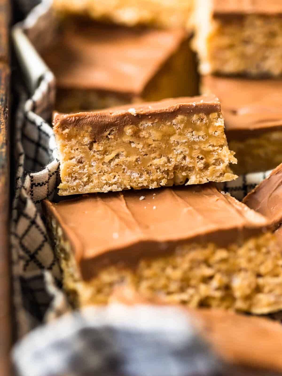 up close image of cereal bars topped with chocolate