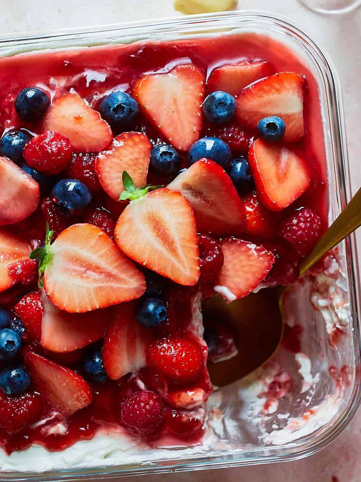 up close triple berry tiramisu in pan