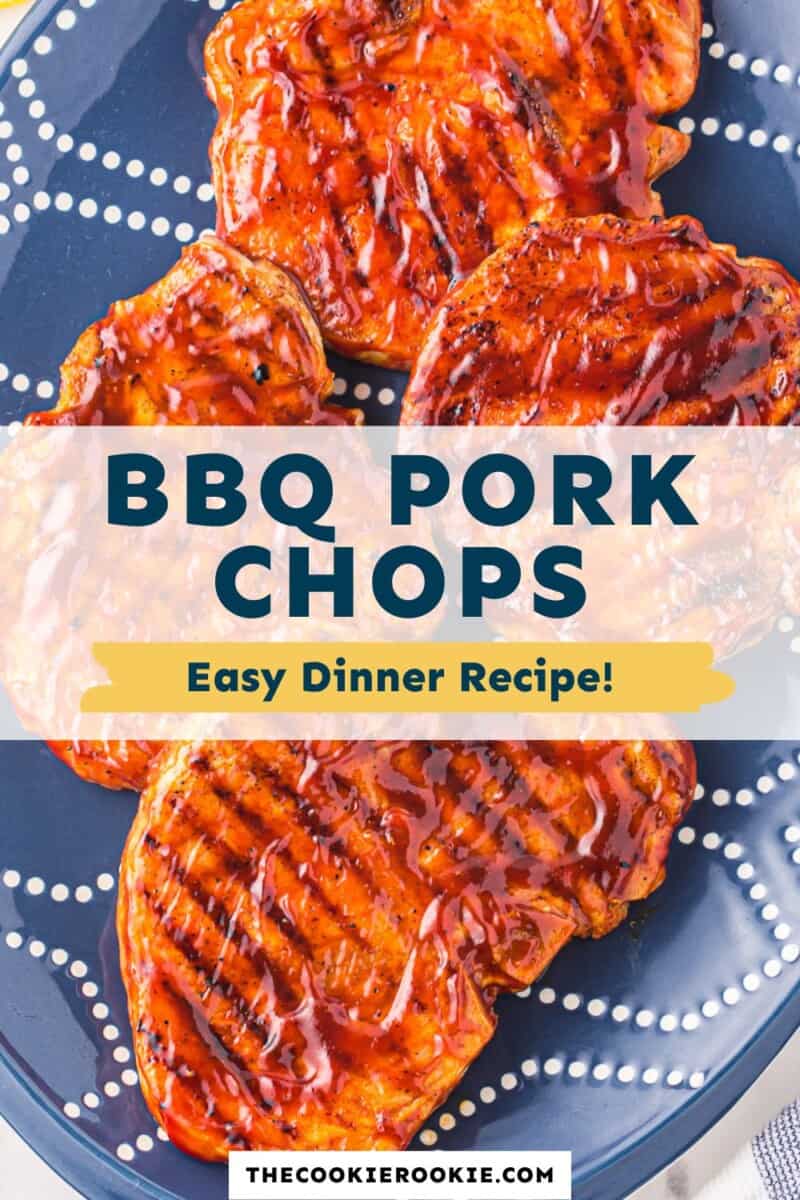 bbq pork chops on a blue plate with the text bbq pork chops easy dinner recipe.